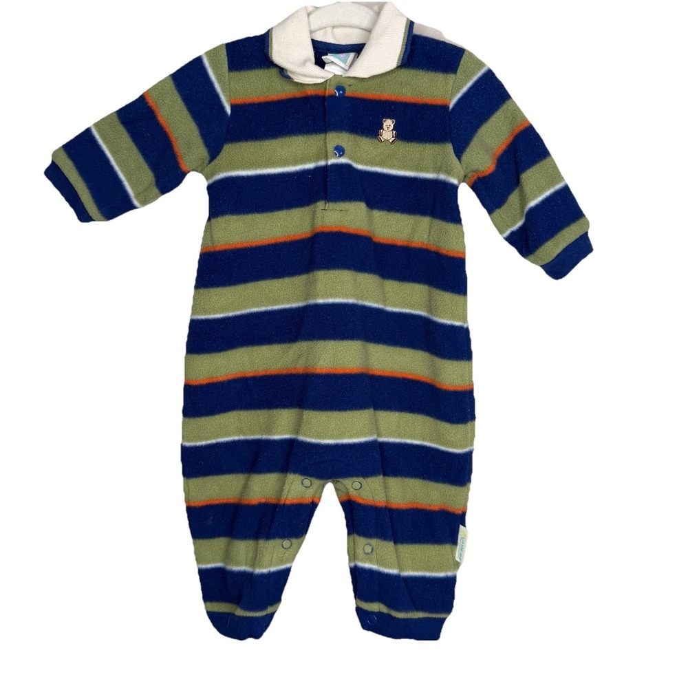 Little Me 6M Long Sleeve Polo Romper Jumpsuit Green Blue Striped Cotton Bear